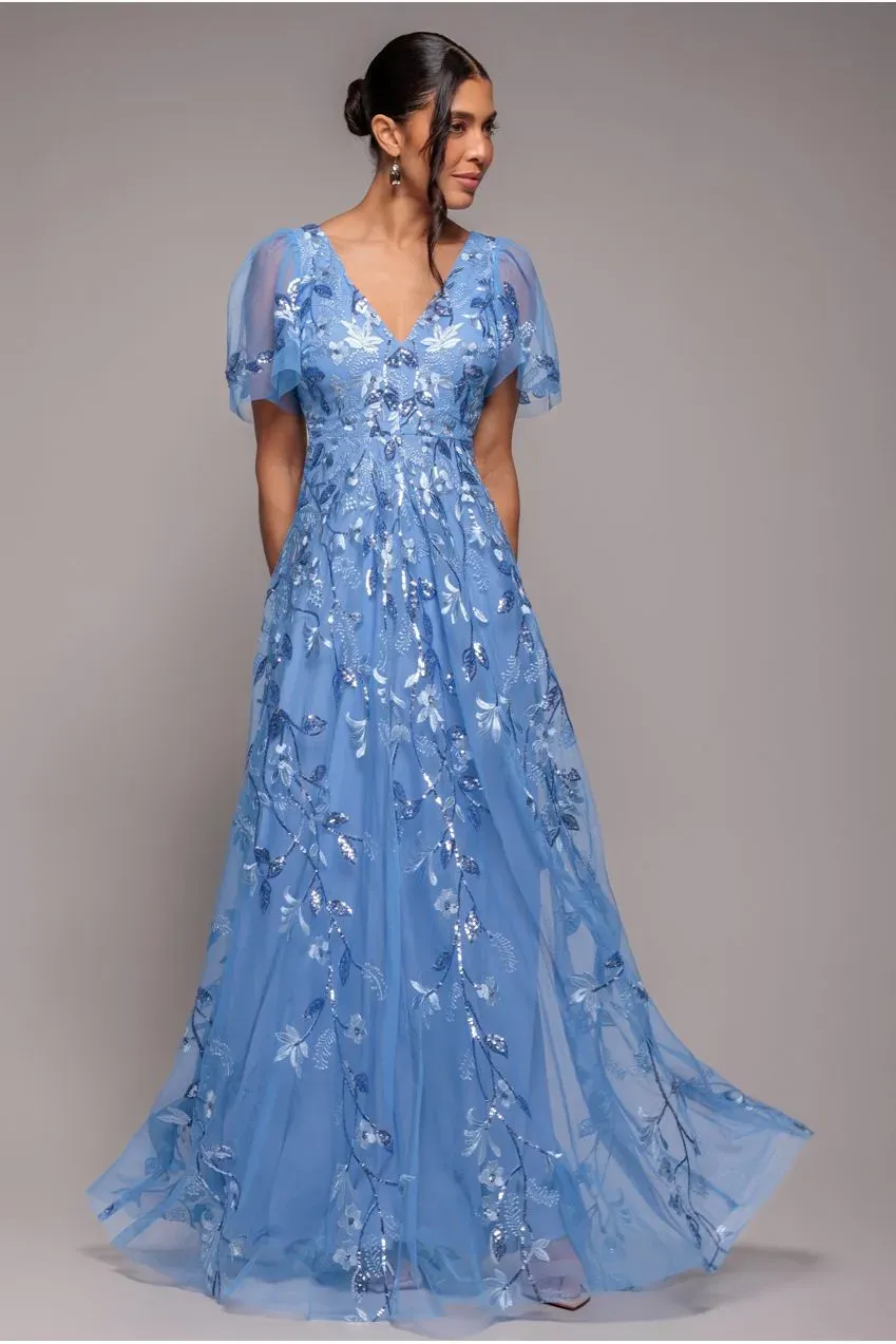 Goddiva Flared Sleeve abito maxi blu fiordaliso