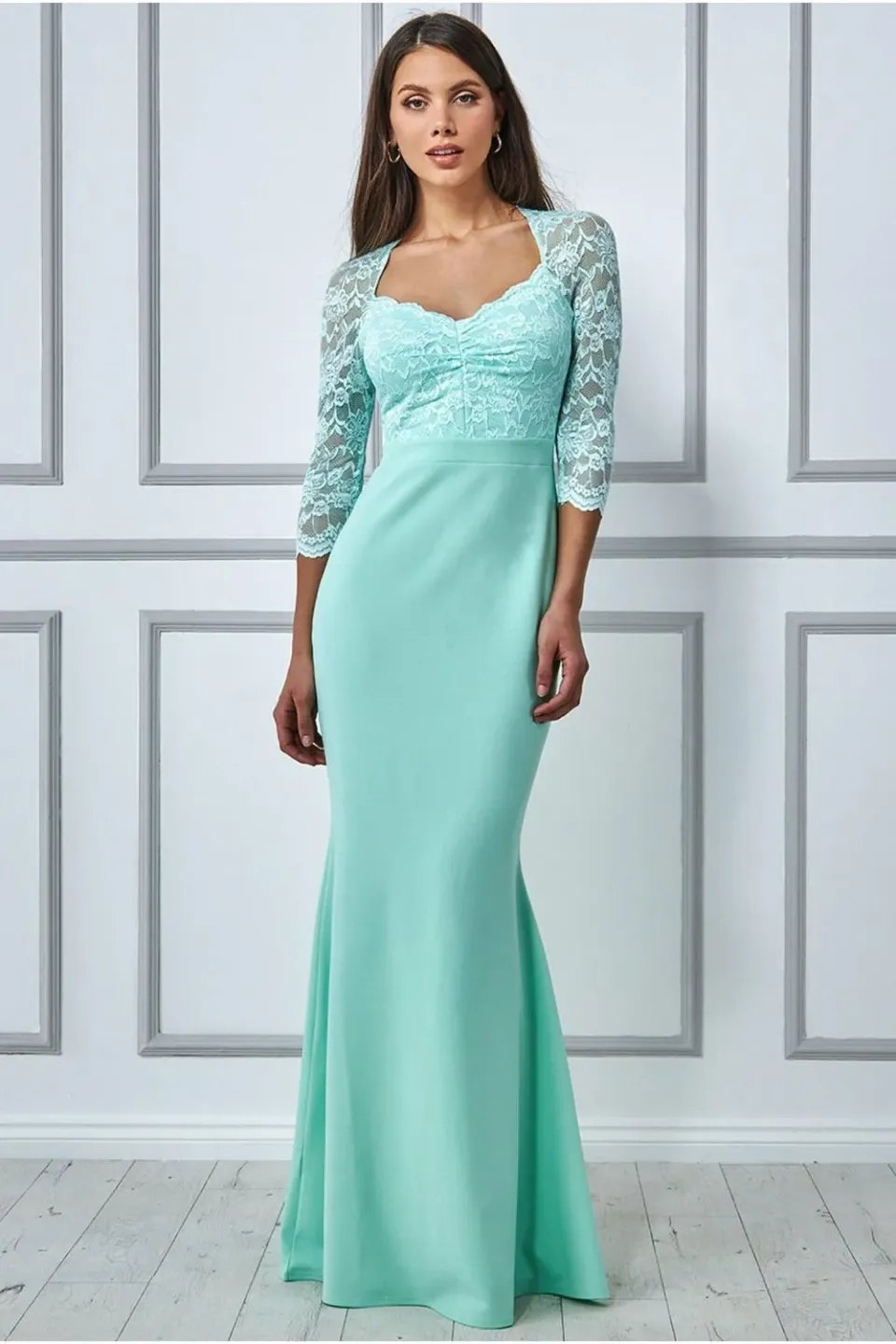 Goddiva Lace Bodice abito maxi menta pizzo maniche