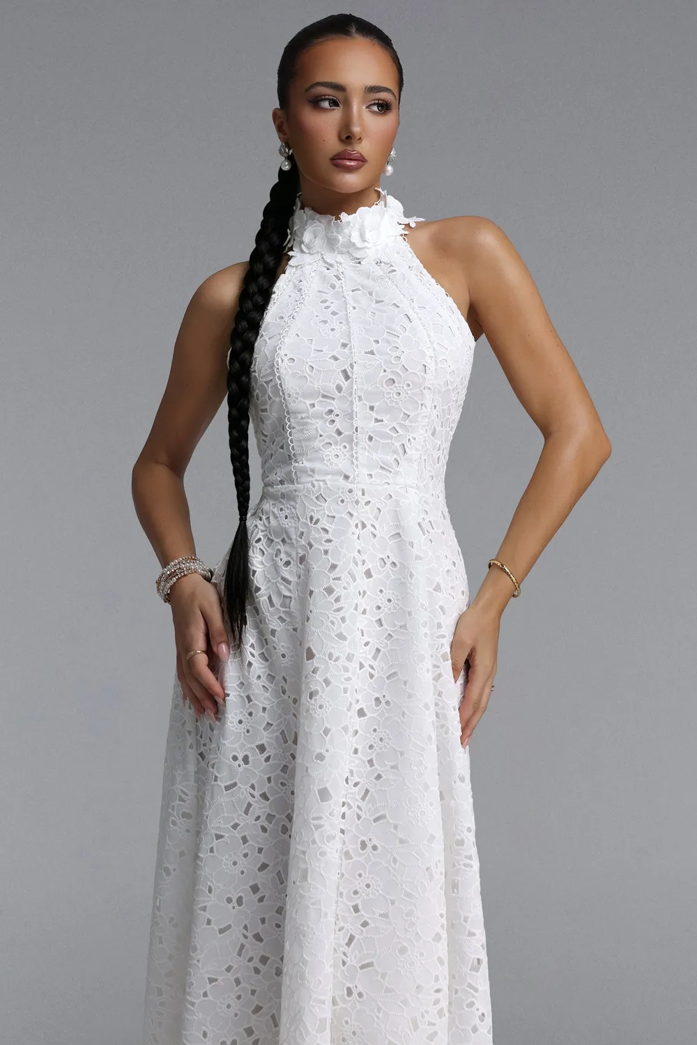 Bella Barnett Nuvola abito midi pizzo bianco halter