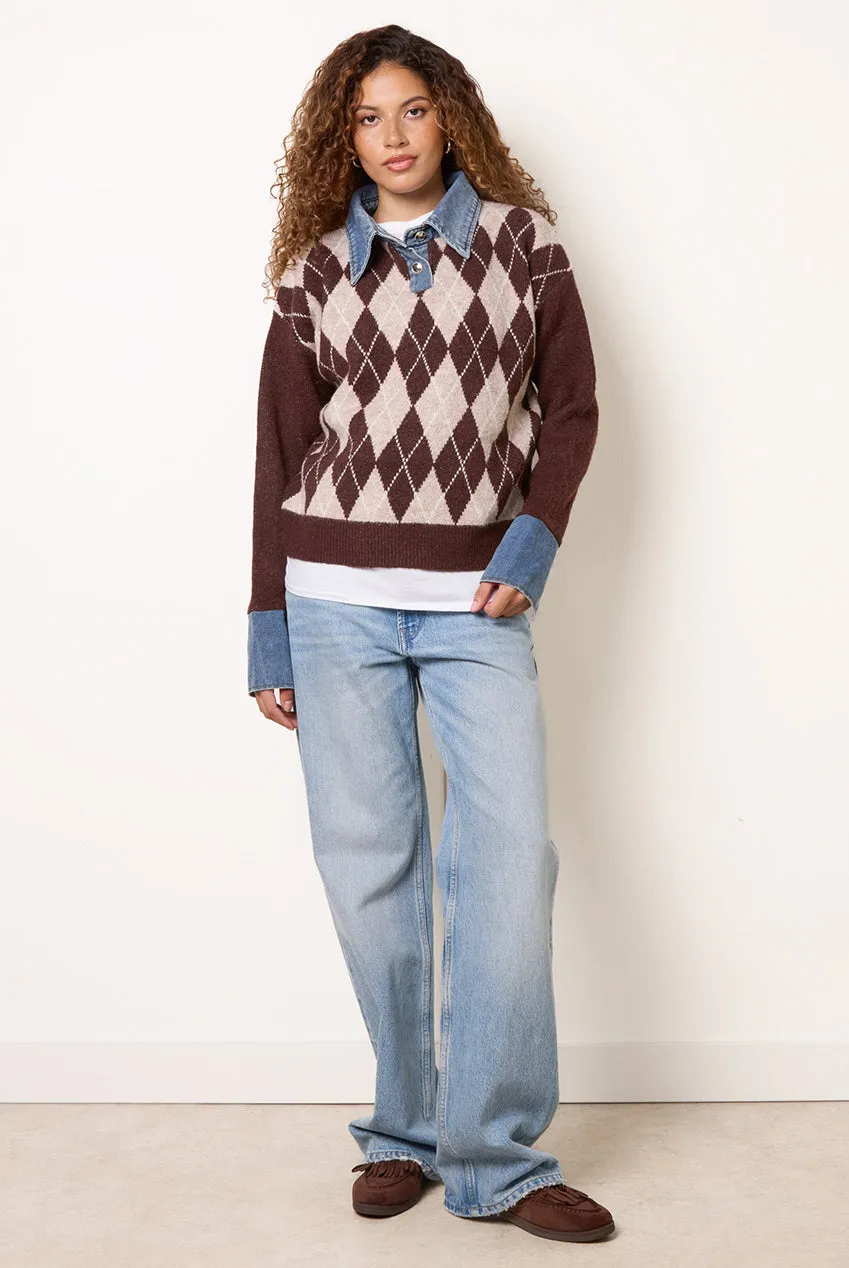 Blue Vanilla Argyle maglione polo cioccolato lana