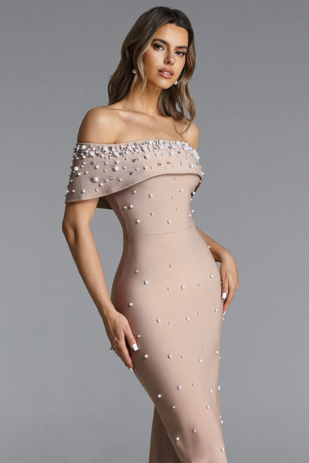 Goddiva Bella Barnett Isme abito lungo beige L spalle scoperte