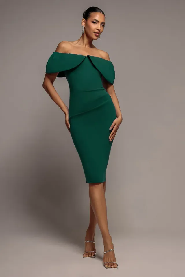 Goddiva Scuba Crepe Pleated Bardot abito verde smeraldo