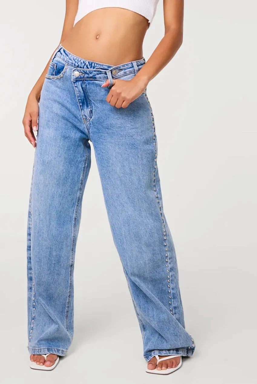 Pink Vanilla Stud Detail Wide Leg jeans con borchie light denim