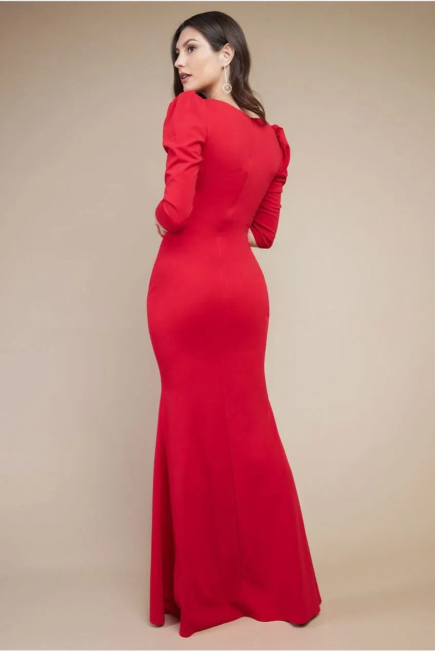 Goddiva Front Wrap Pleated Scuba abito maxi rosso incrociato