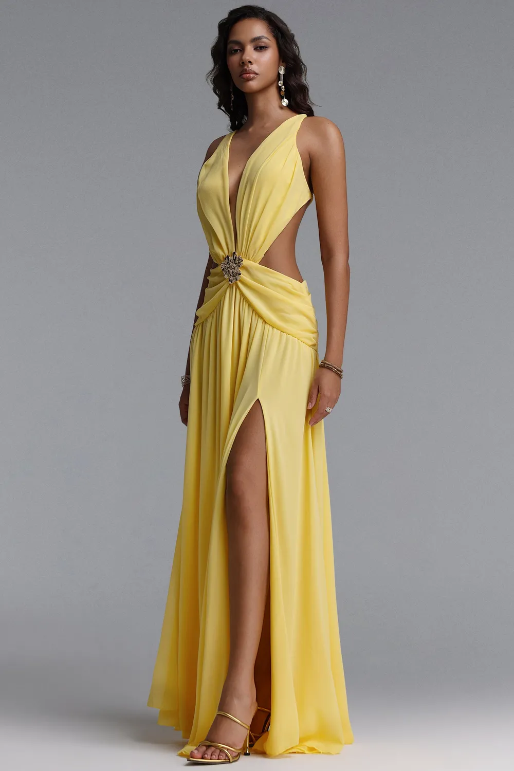 Bella Barnett Ivanna abito maxi giallo scollo V spacco