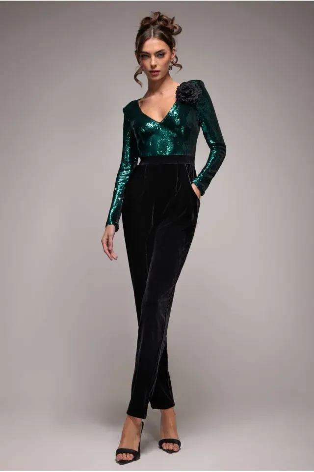 Goddiva Liquid Sequin Tuta Verde Smeraldo Scollo V