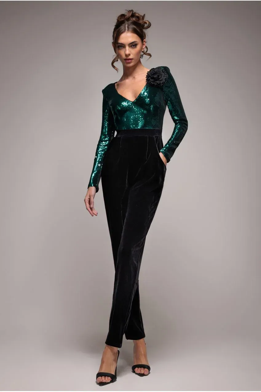 Goddiva Liquid Sequin Tuta Verde Smeraldo Scollo V