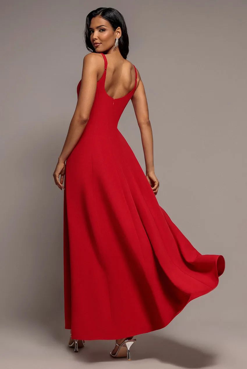 Goddiva A-Line maxi abito rosso scollo barca tasche spalline