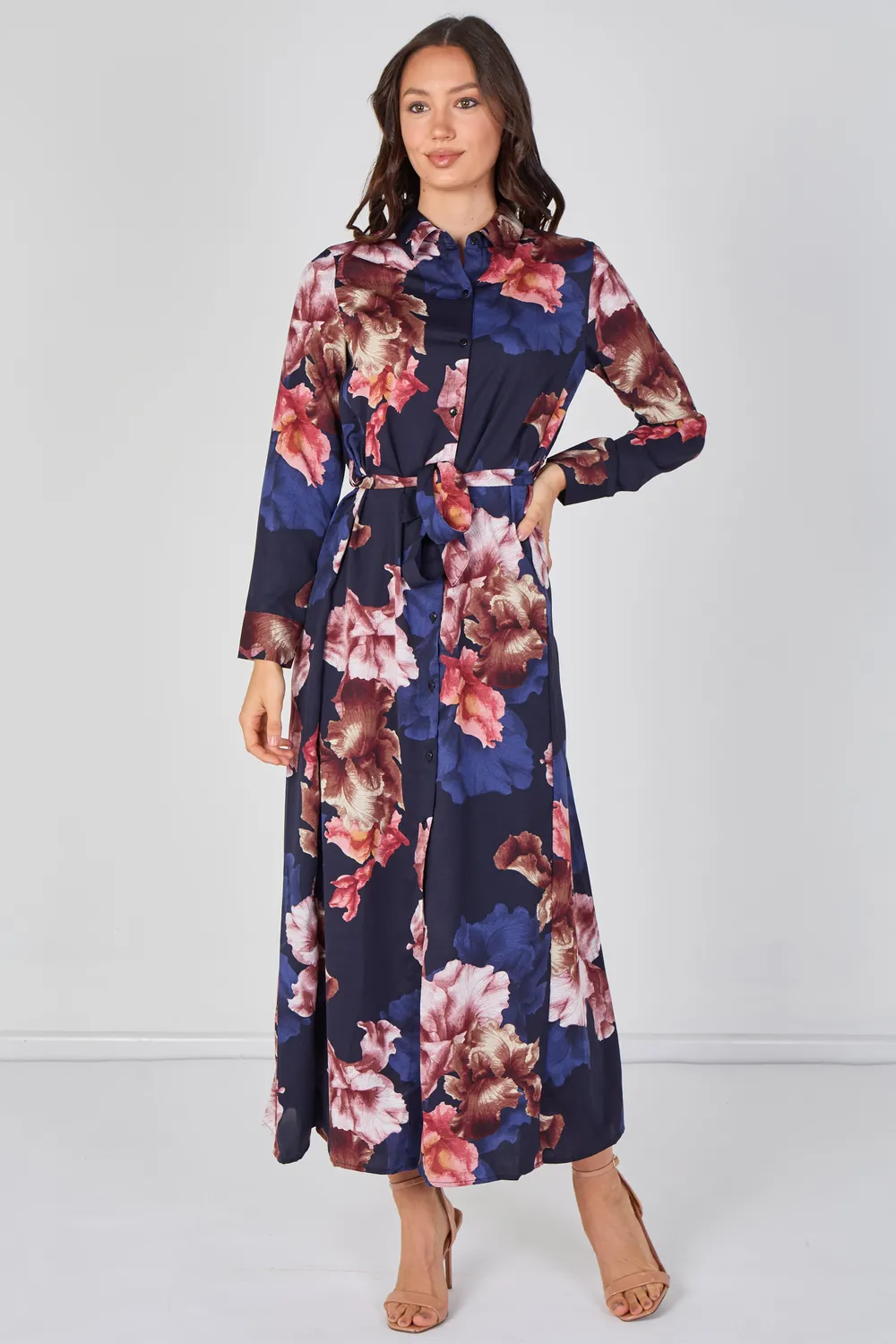 Love Sunshine Navy Iris abito camicia maxi blu navy floreale