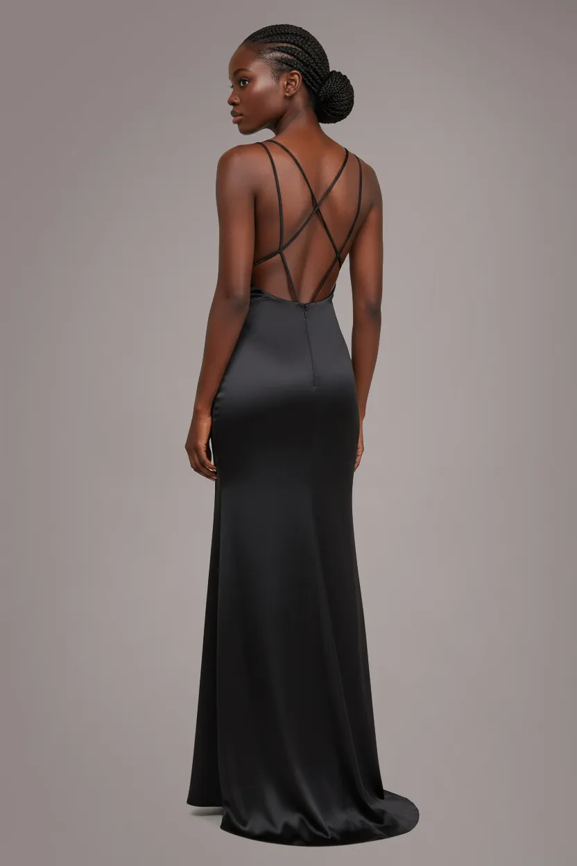 Goddiva Cowl Neck abito maxi raso nero schiena incrociata