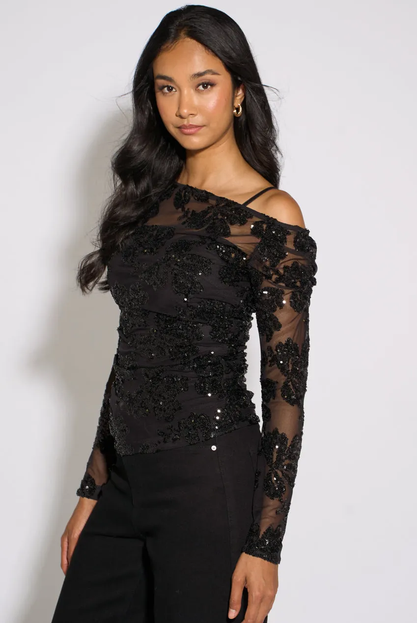 Gini London Sequin Asymmetric top nero paillettes floreali
