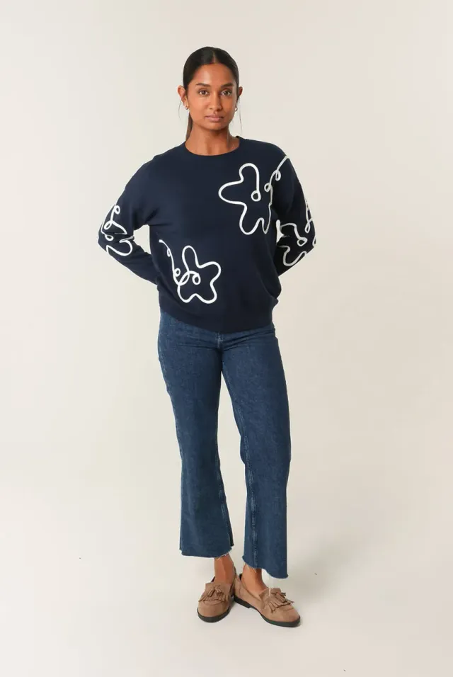 Blue Vanilla maglione floreale girocollo blu navy