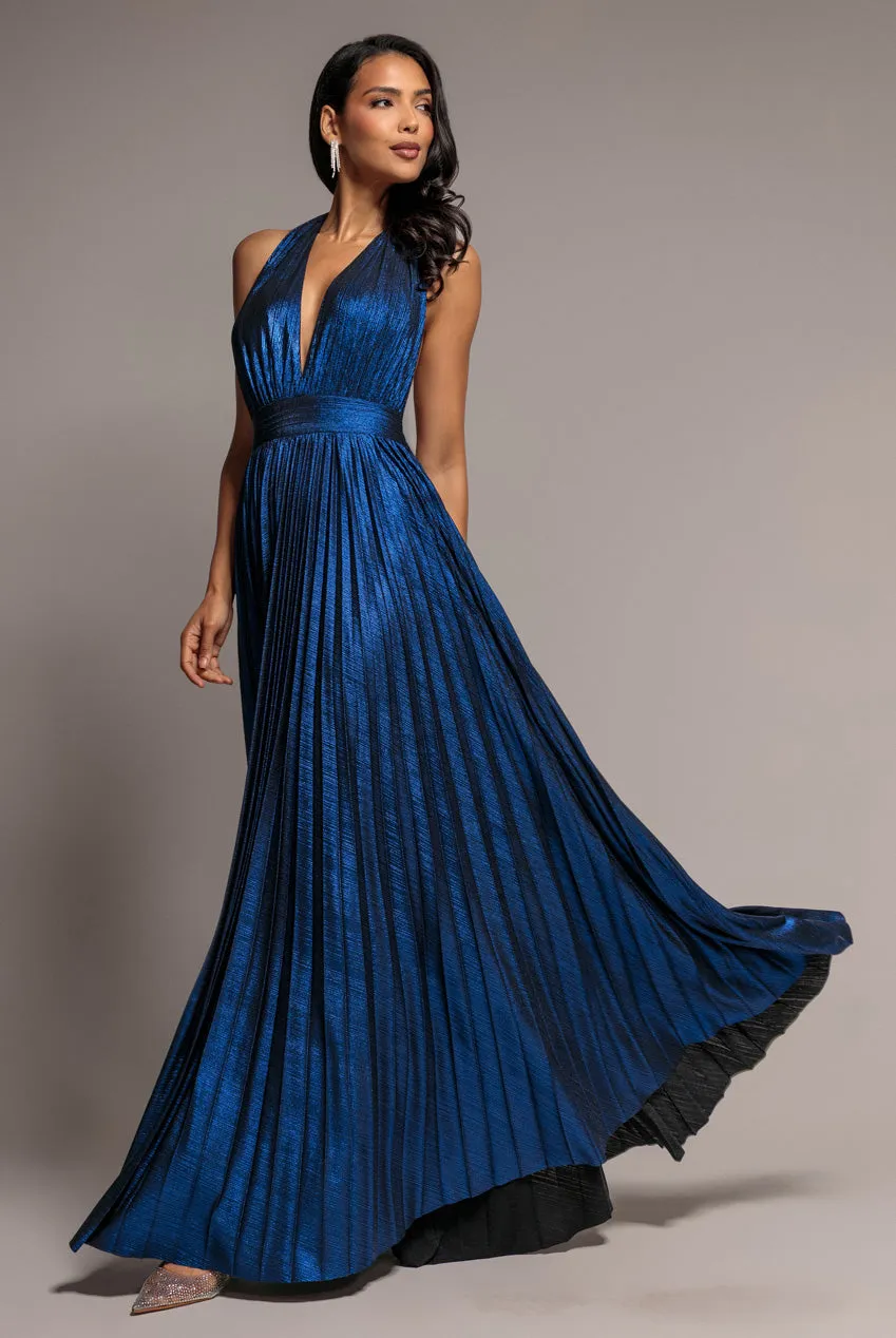Goddiva Open Back Sunrise Foil Halterneck A Line abito maxi blu navy