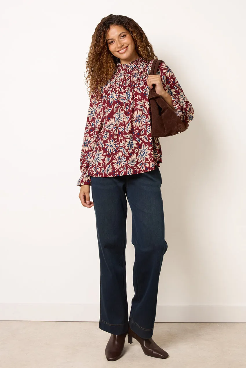Blue Vanilla Smock top bordeaux S/M floreale manica lunga