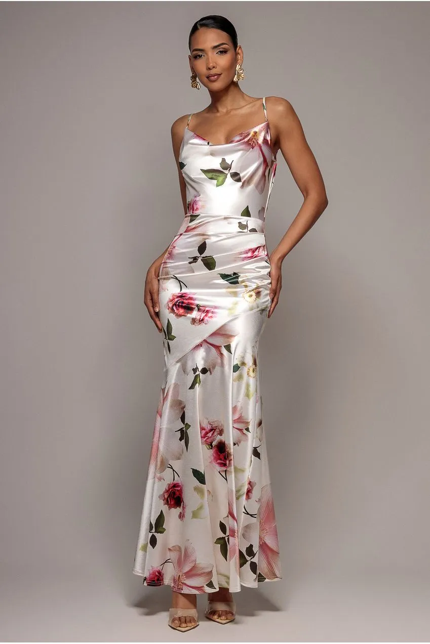 Goddiva Floral Print Satin Abito Maxi Crema Floreale