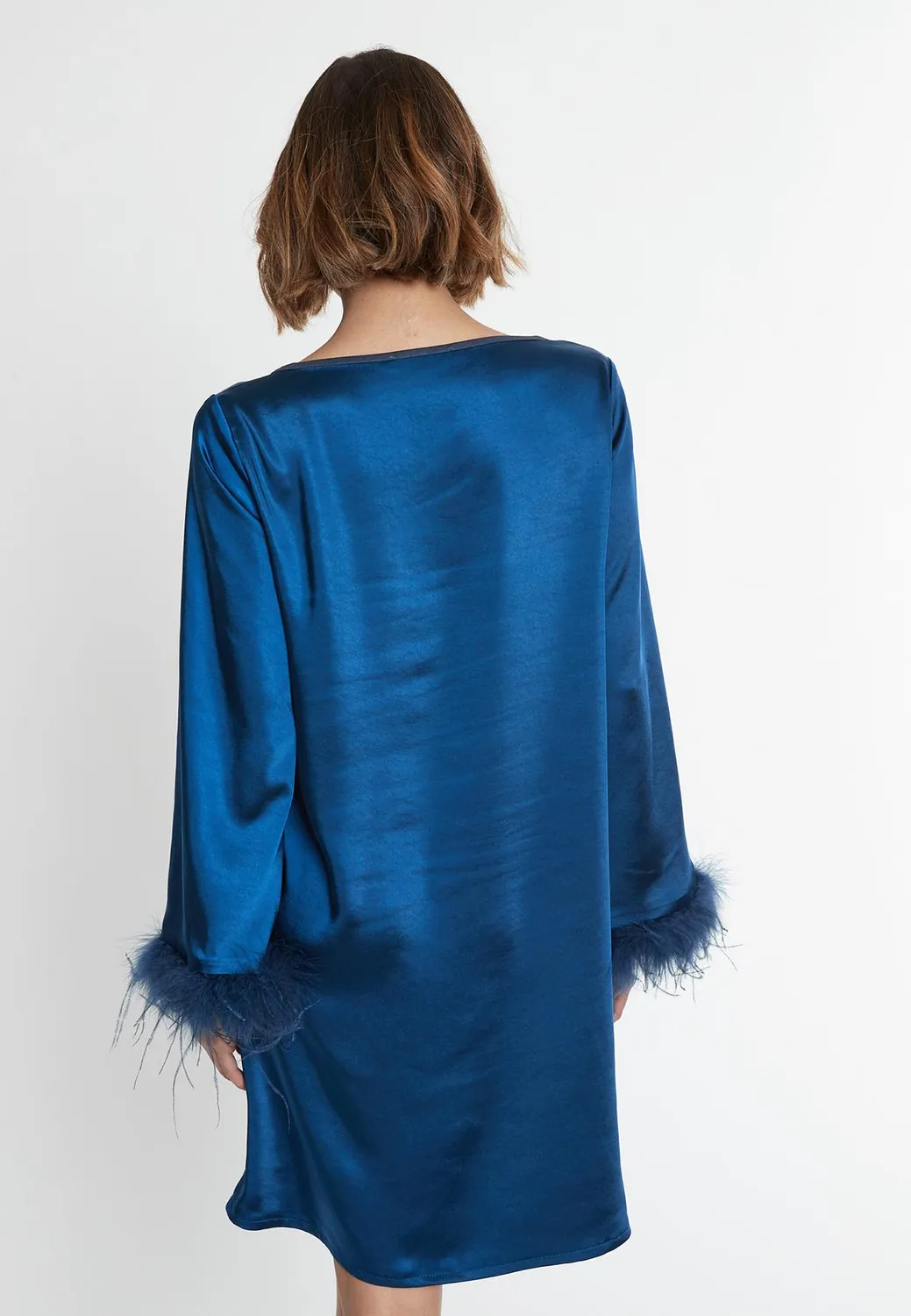 Ana Alcazar Siba abito cocktail raso blu piume