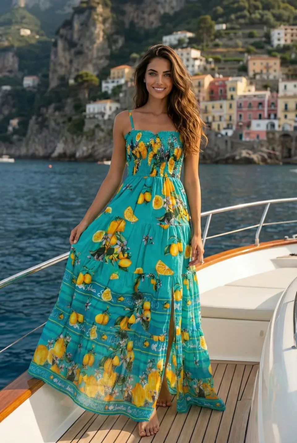 Antica Sartoria FC309 abito lungo bretelle turchese cotone