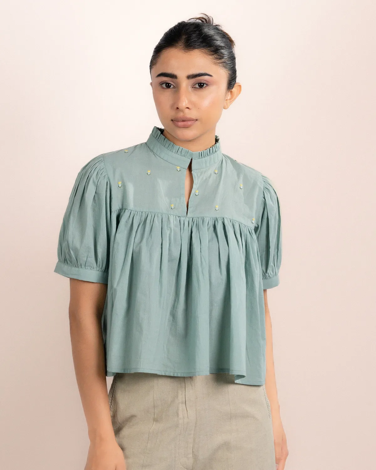 Our Dve Rosy top azzurro menta cotone