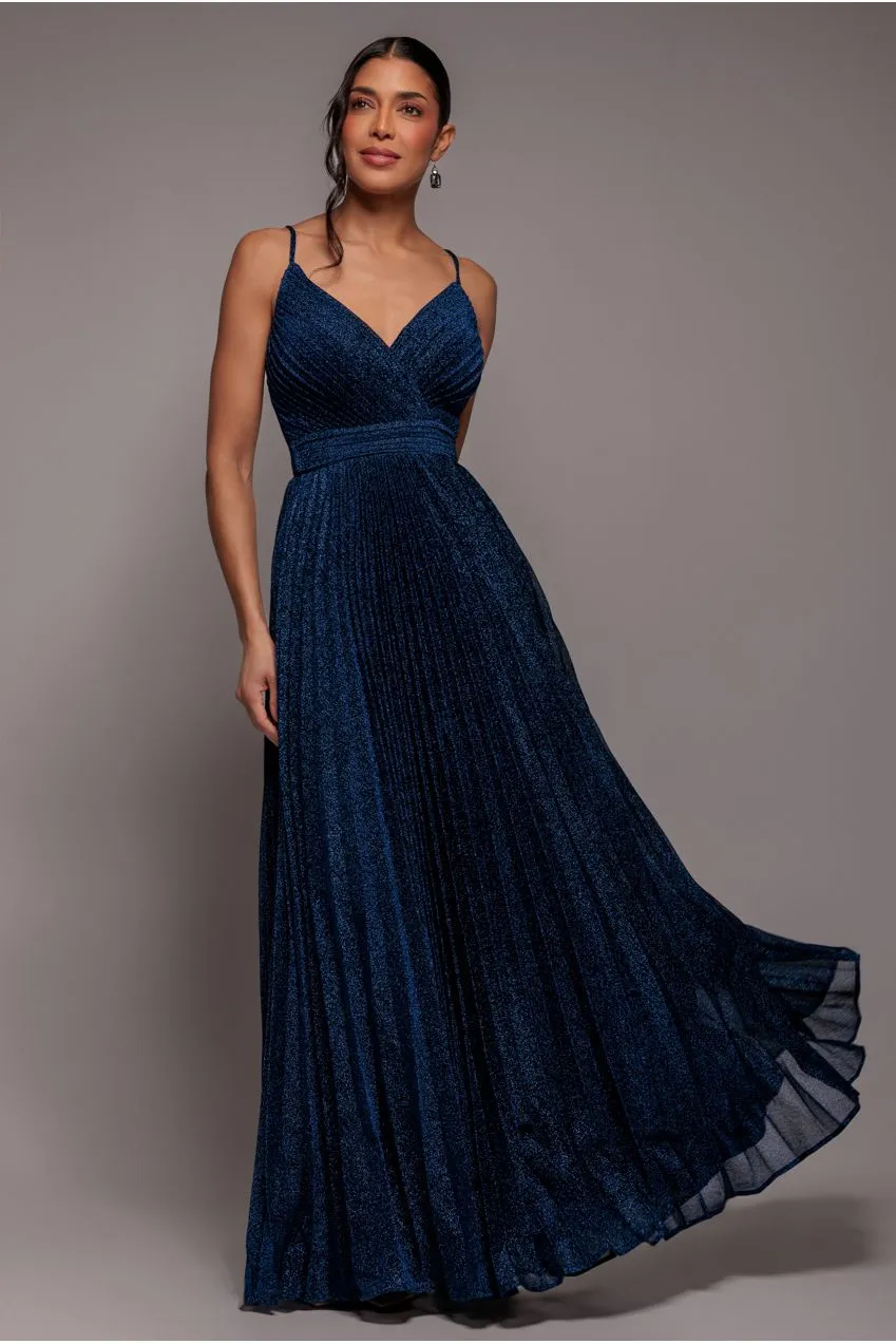 Goddiva Pleated A Line Lurex abito maxi scollo V navy