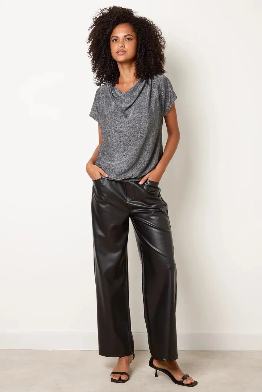 Blue Vanilla Draped top argentato scollo sciallato metallico