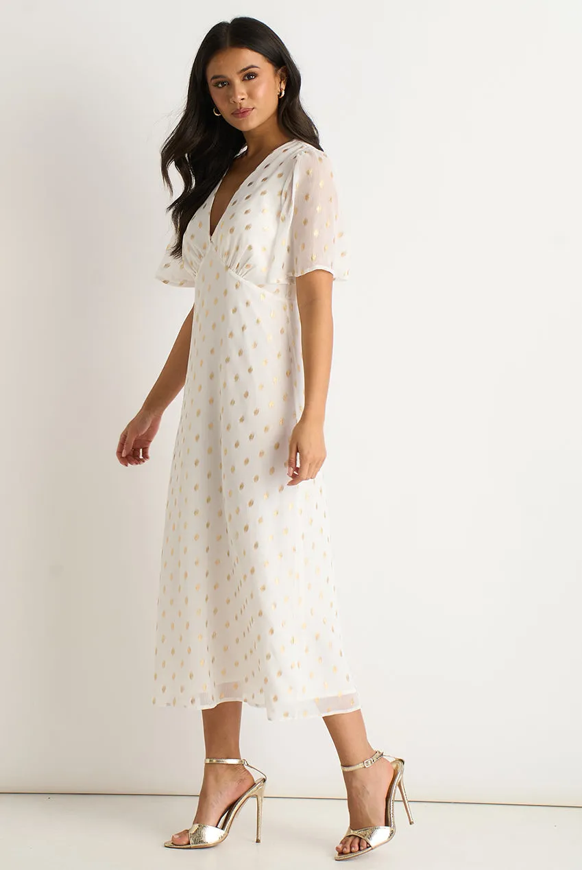 Gini London Foil Scollo V Abito Midi Bianco
