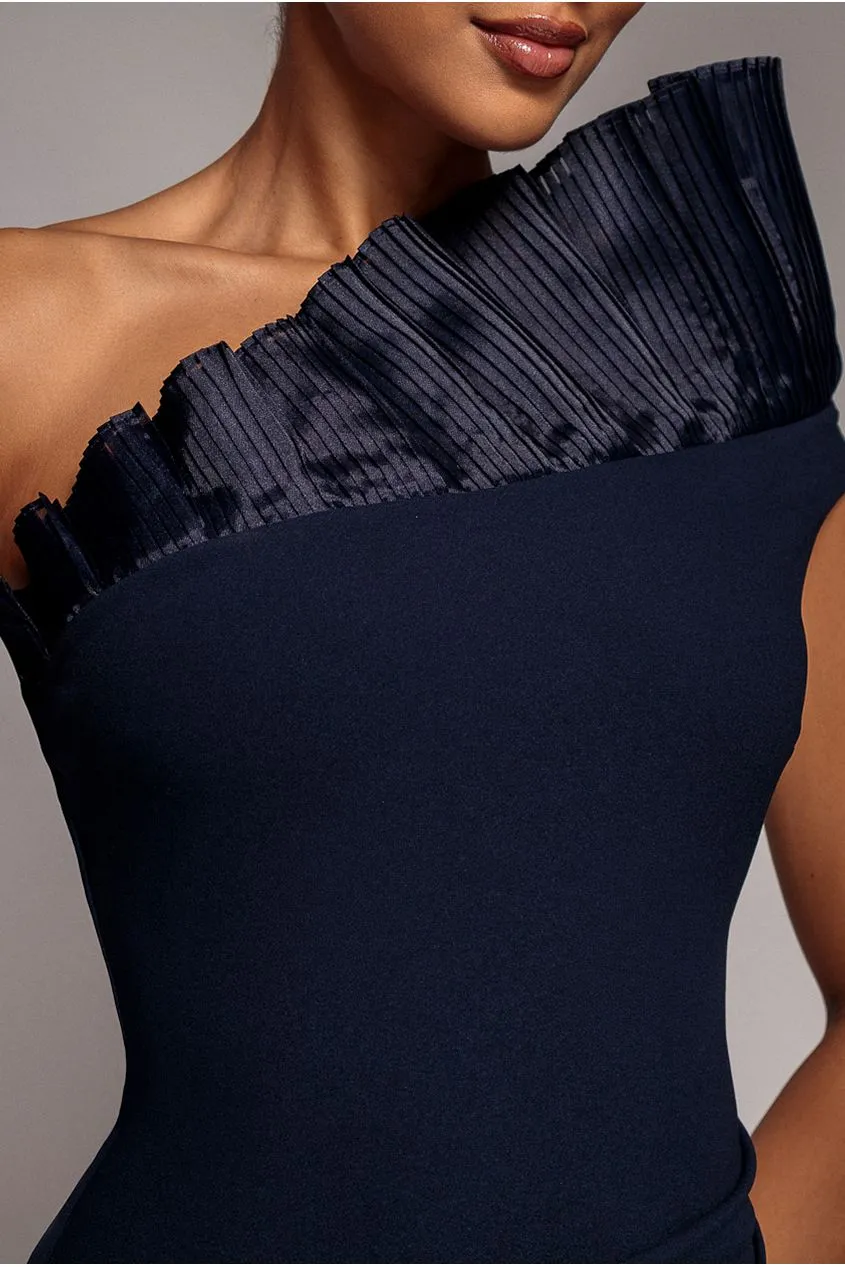 Goddiva abito maxi blu monospalla organza sirena