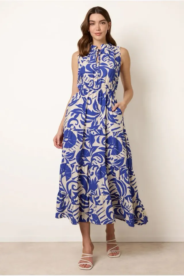 Blue Vanilla Topical Leaf Print Abito Maxi Blu Royal fantasia