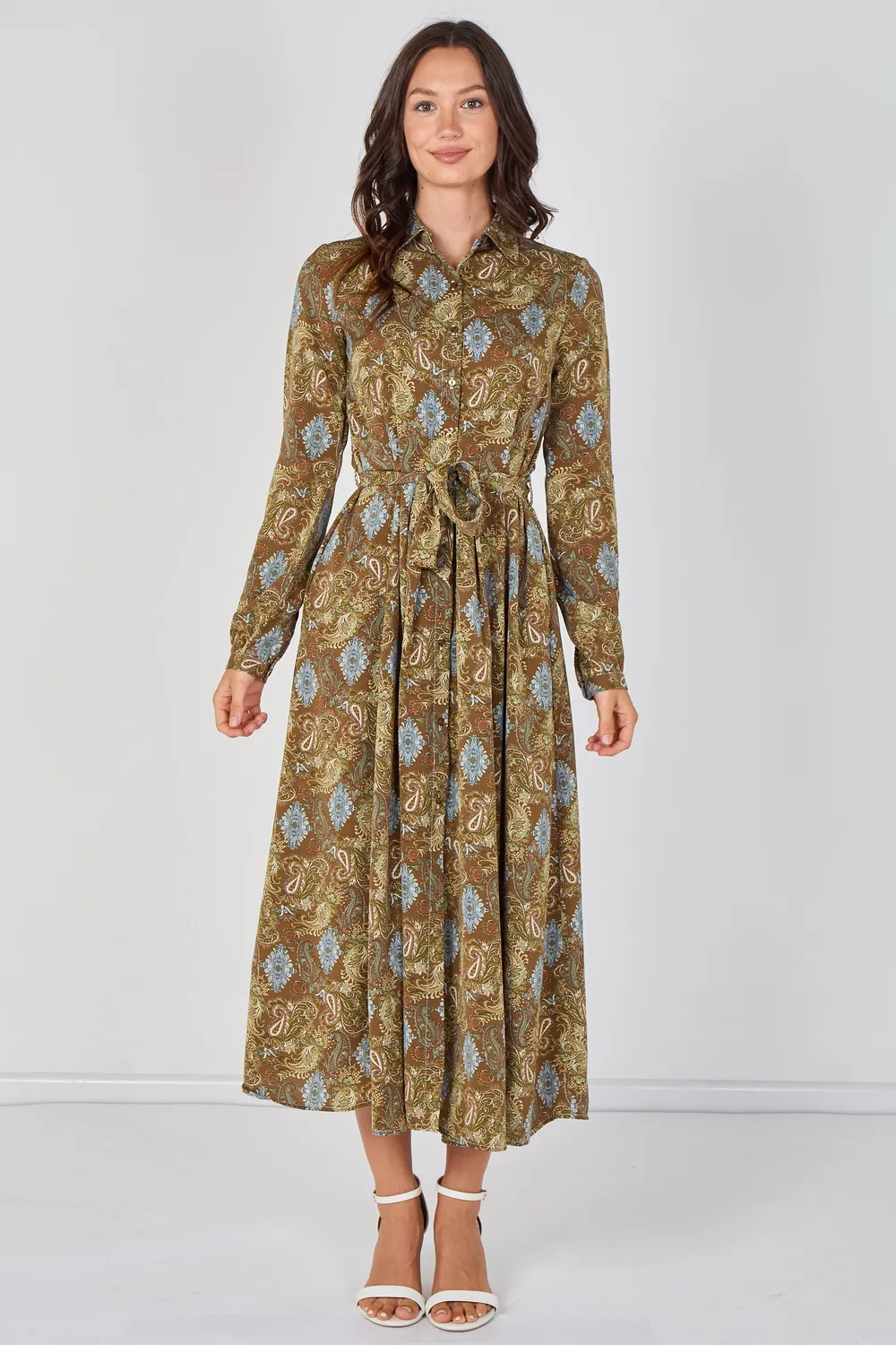 Love Sunshine Paisley Meadow camicia maxi kaki cintura fantasia