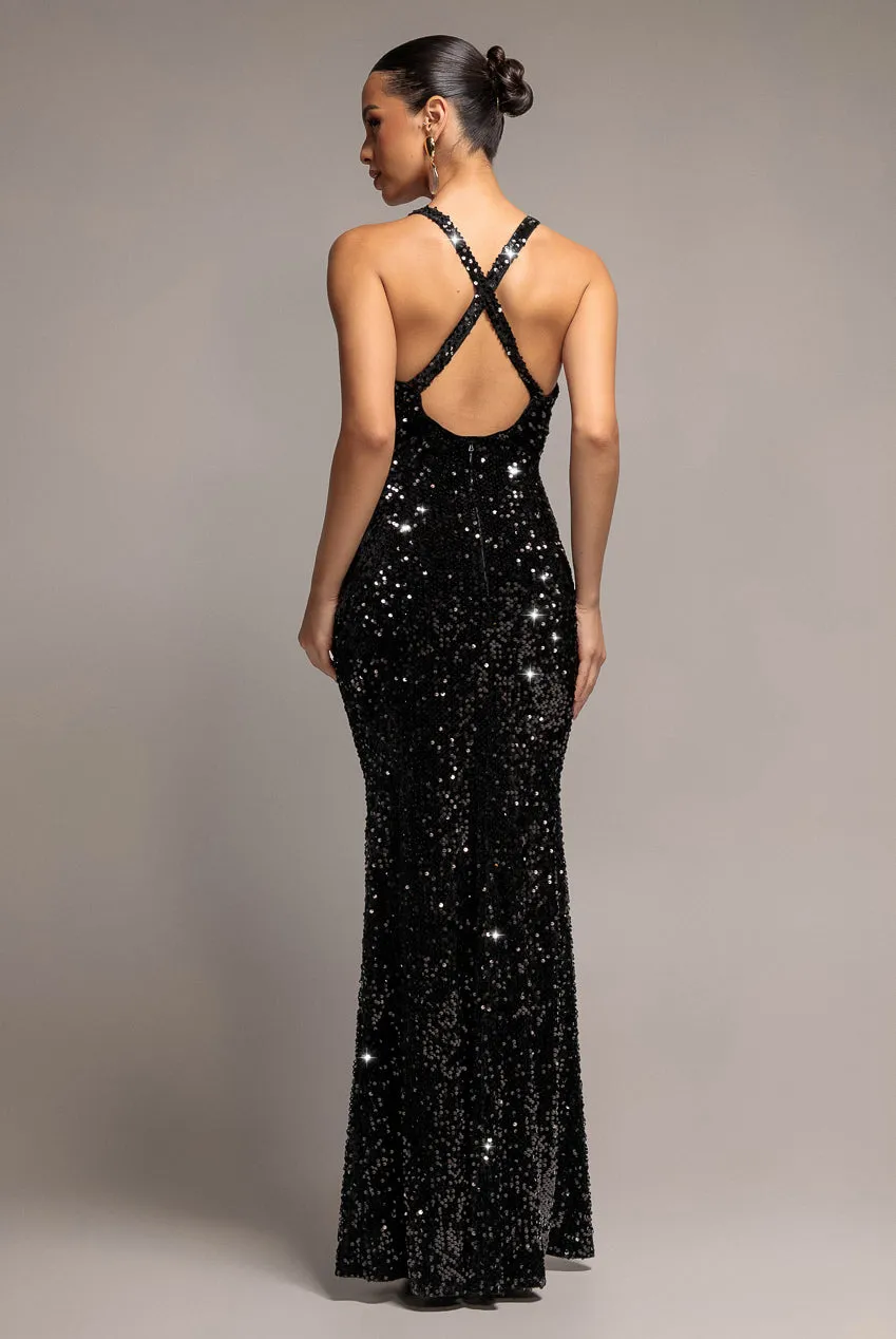 Goddiva Sequin Velvet DR5257 abito lungo nero scollo V