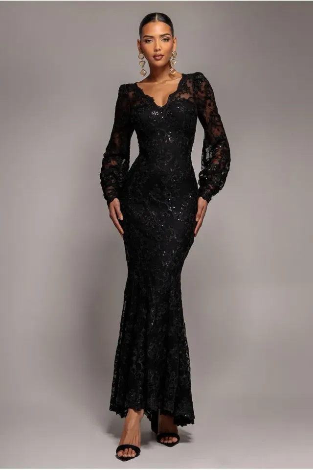 Goddiva abito maxi nero pizzo ricamato scollo a V