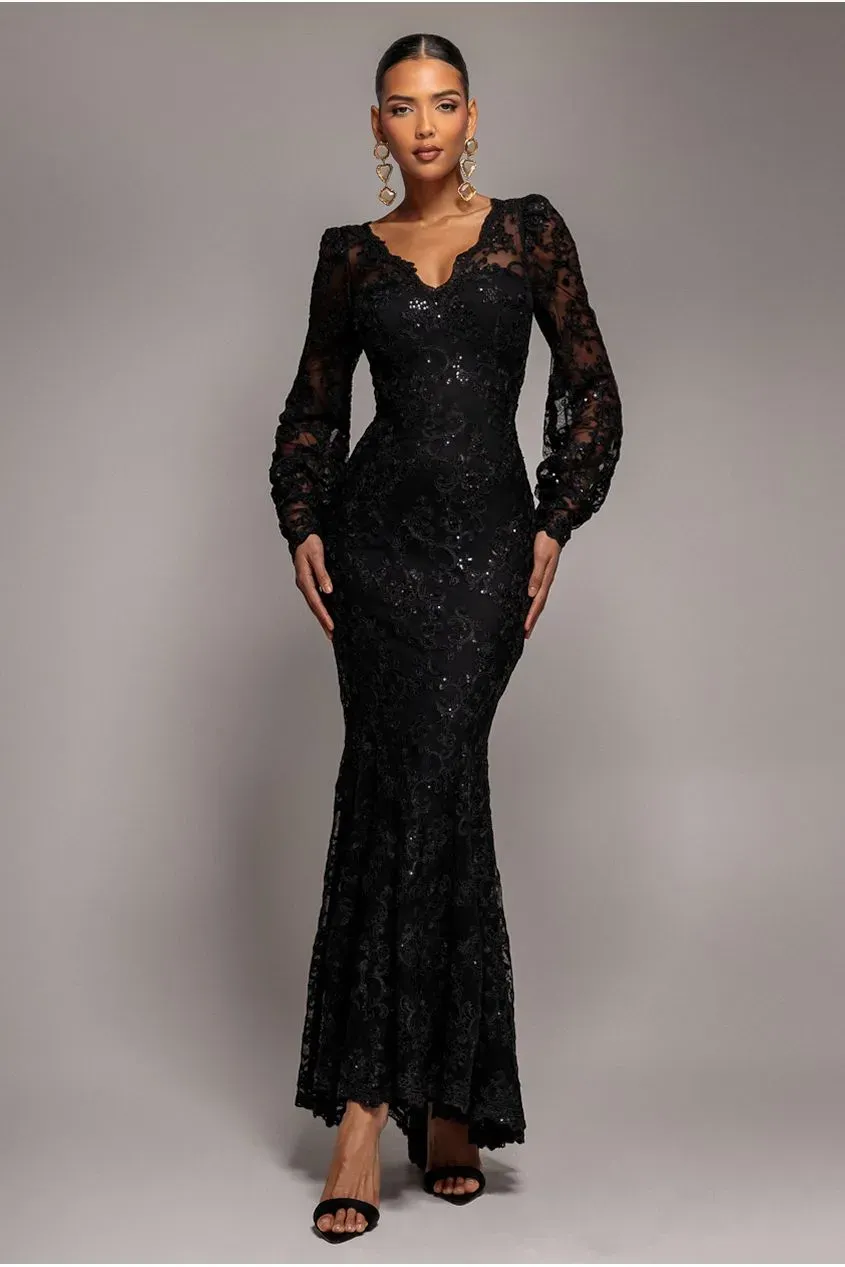 Goddiva abito maxi nero pizzo ricamato scollo a V