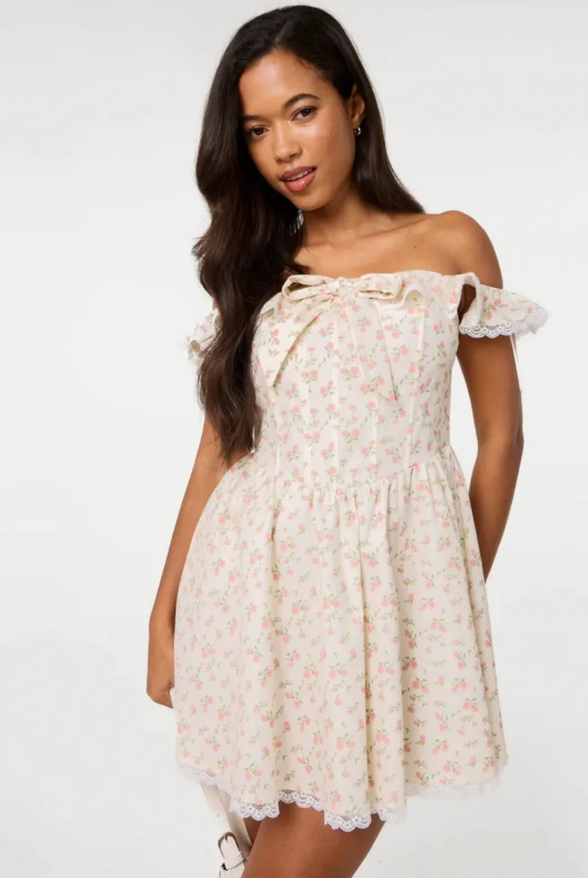 Pink Vanilla Ditsy abito mini crema spalle scoperte