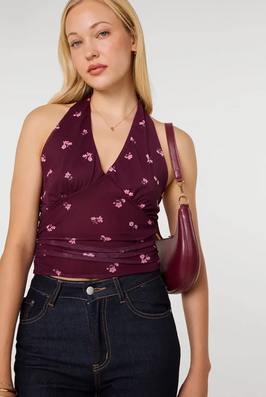 Goddiva Pink Vanilla Floral Polka top halter prugna mesh