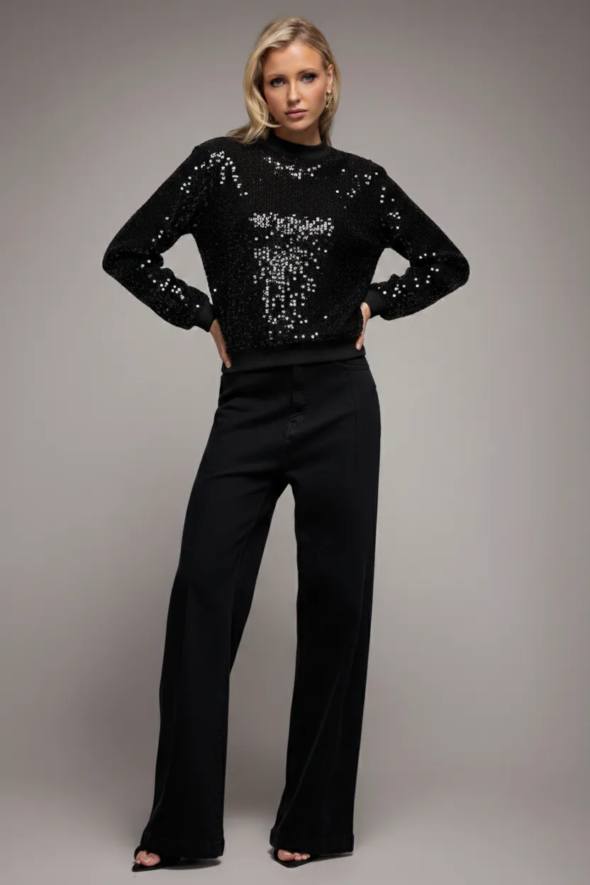 Goddiva Sequin Velvet maglione nero paillettes velluto