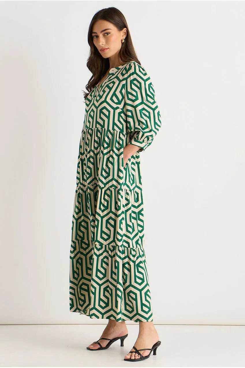 Gini London Geo Print abito midi verde smock maniche lunghe