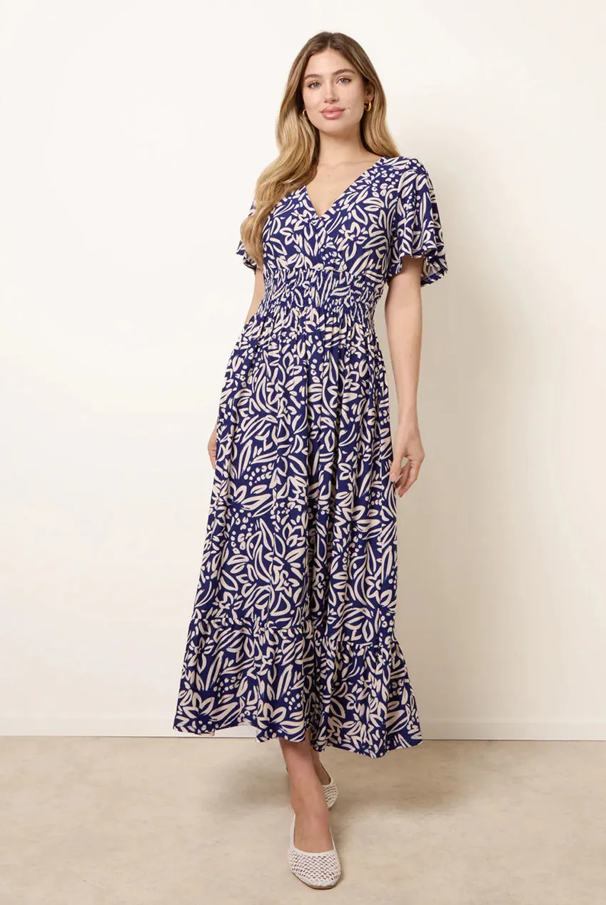 Blue Vanilla abito midi fantasia blu M scollo V