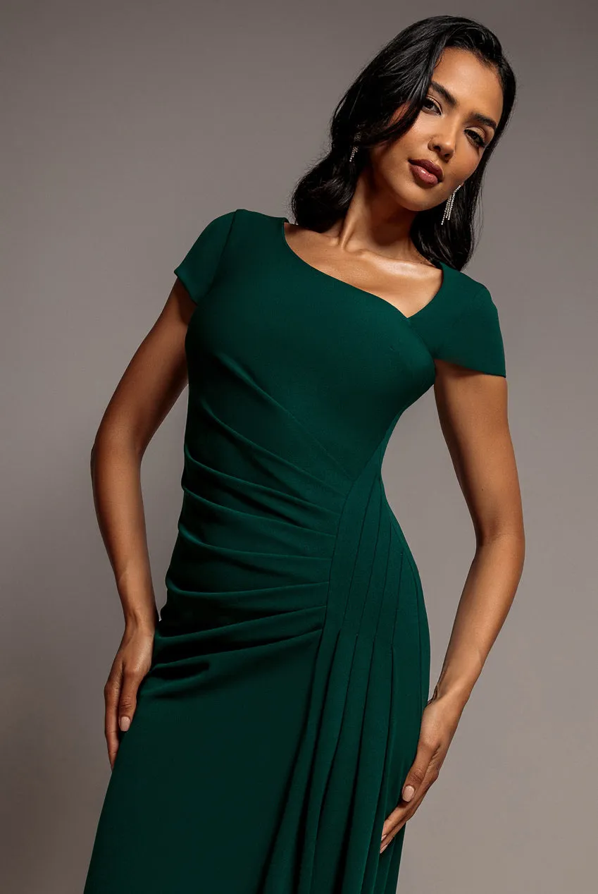 Goddiva Cap Sleeve Pleated abito lungo verde smeraldo scuba