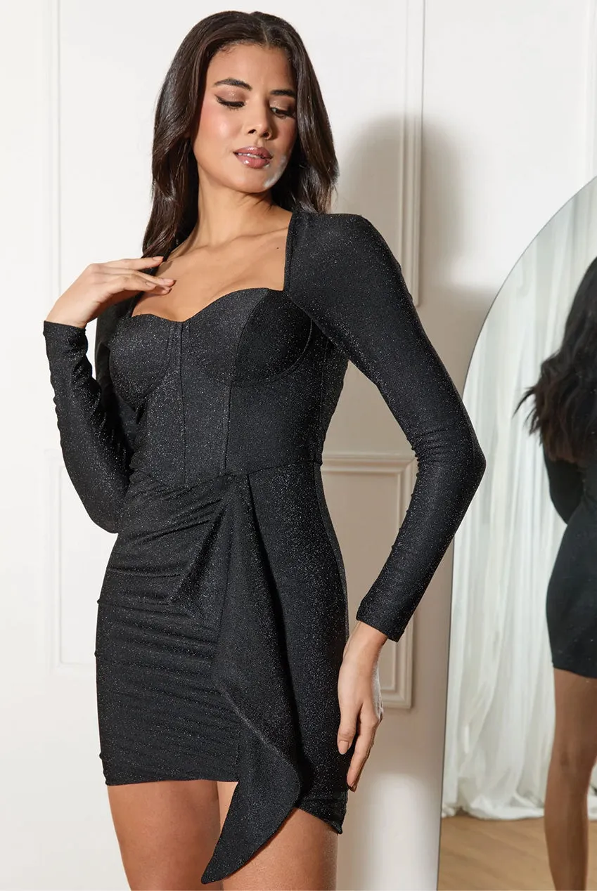 Chi Chi London Glitter Drape mini abito nero glitter