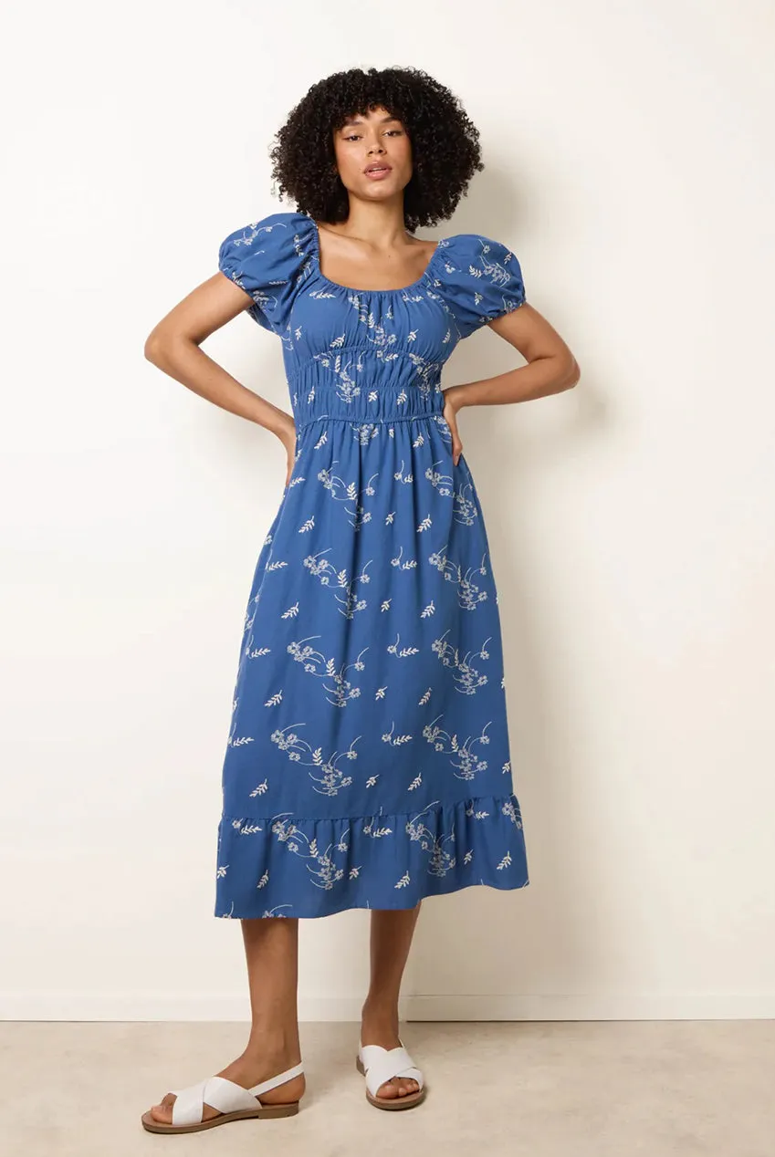 Blue Vanilla Milkmaid abito midi denim blu ricamato