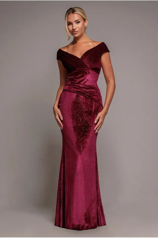 Goddiva Bardot abito lungo vino velluto shimmer sirena