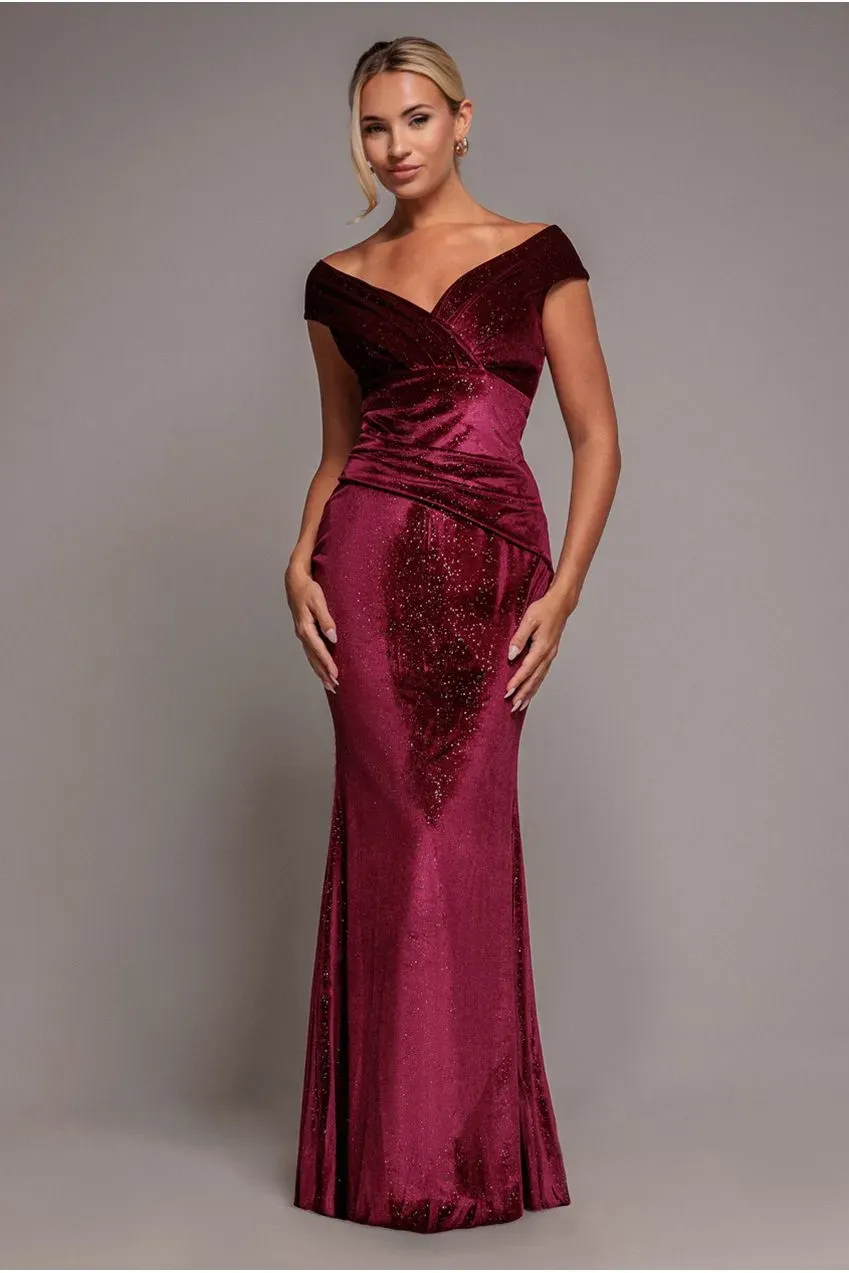 Goddiva Bardot abito lungo vino velluto shimmer sirena