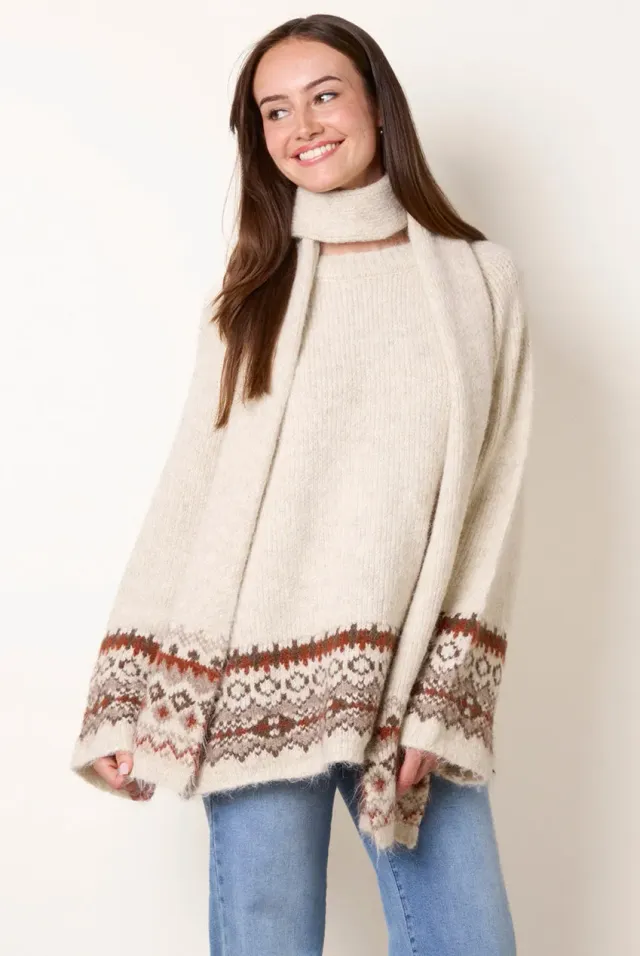 Blue Vanilla Fair Isle maglione beige con sciarpa