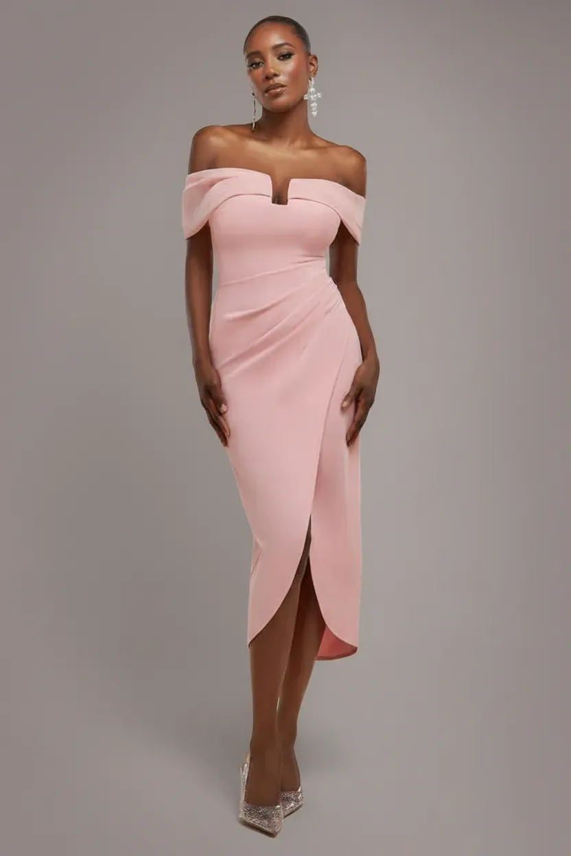 Goddiva Chiffon Wing abito midi rosa cipria spalle scoperte