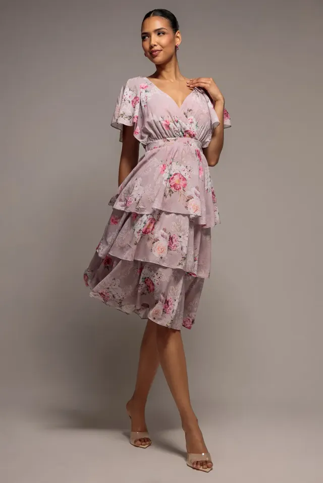 Goddiva Chiffon Tiered abito midi rosa cipria