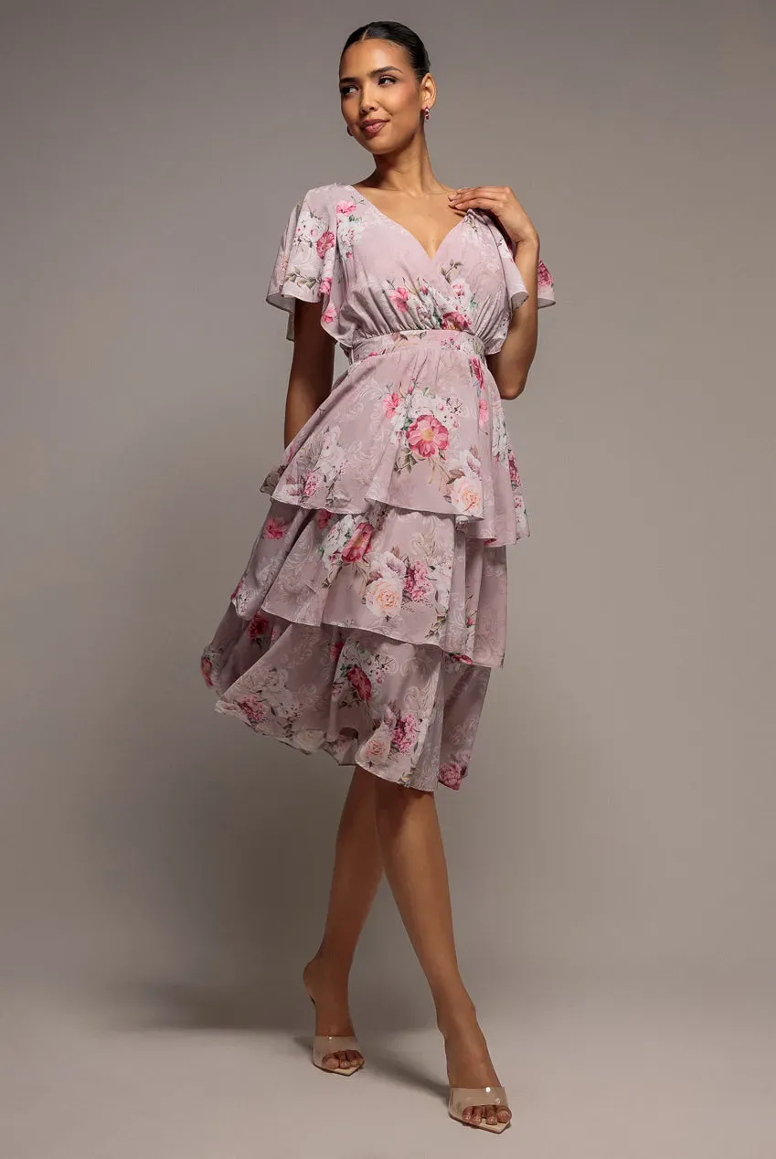 Goddiva Chiffon Tiered abito midi rosa cipria