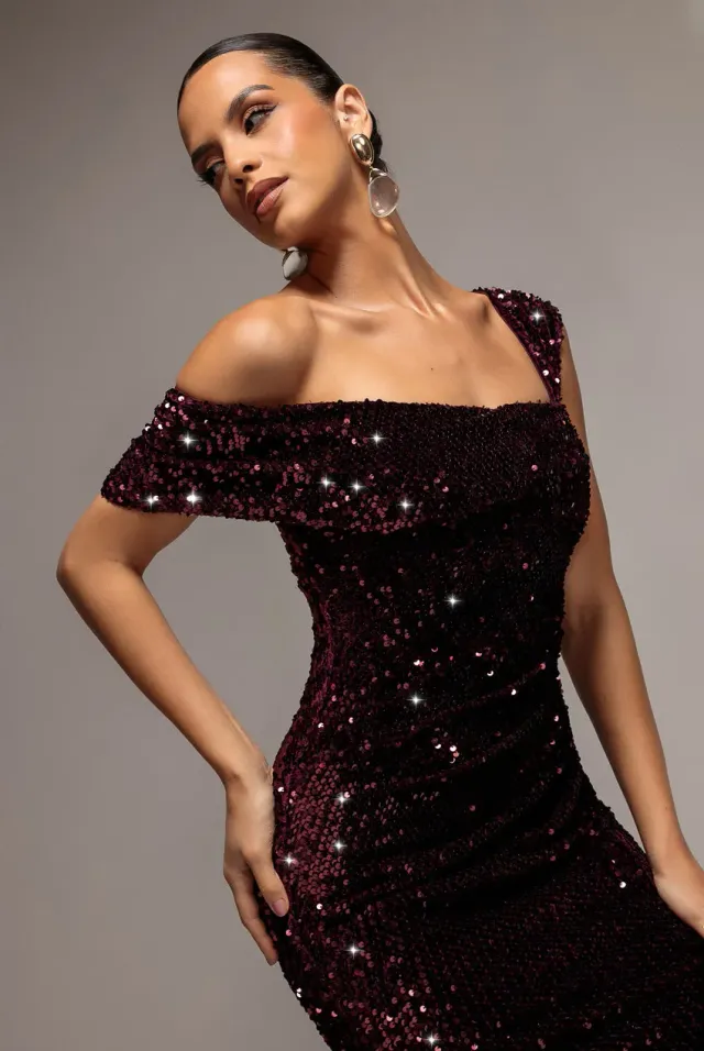 Goddiva Asymmetric Abito Lungo Prugna Paillettes