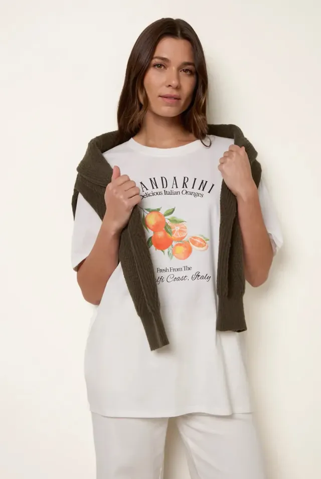 Blue Vanilla Mandarini t-shirt avorio stampa oversize cotone
