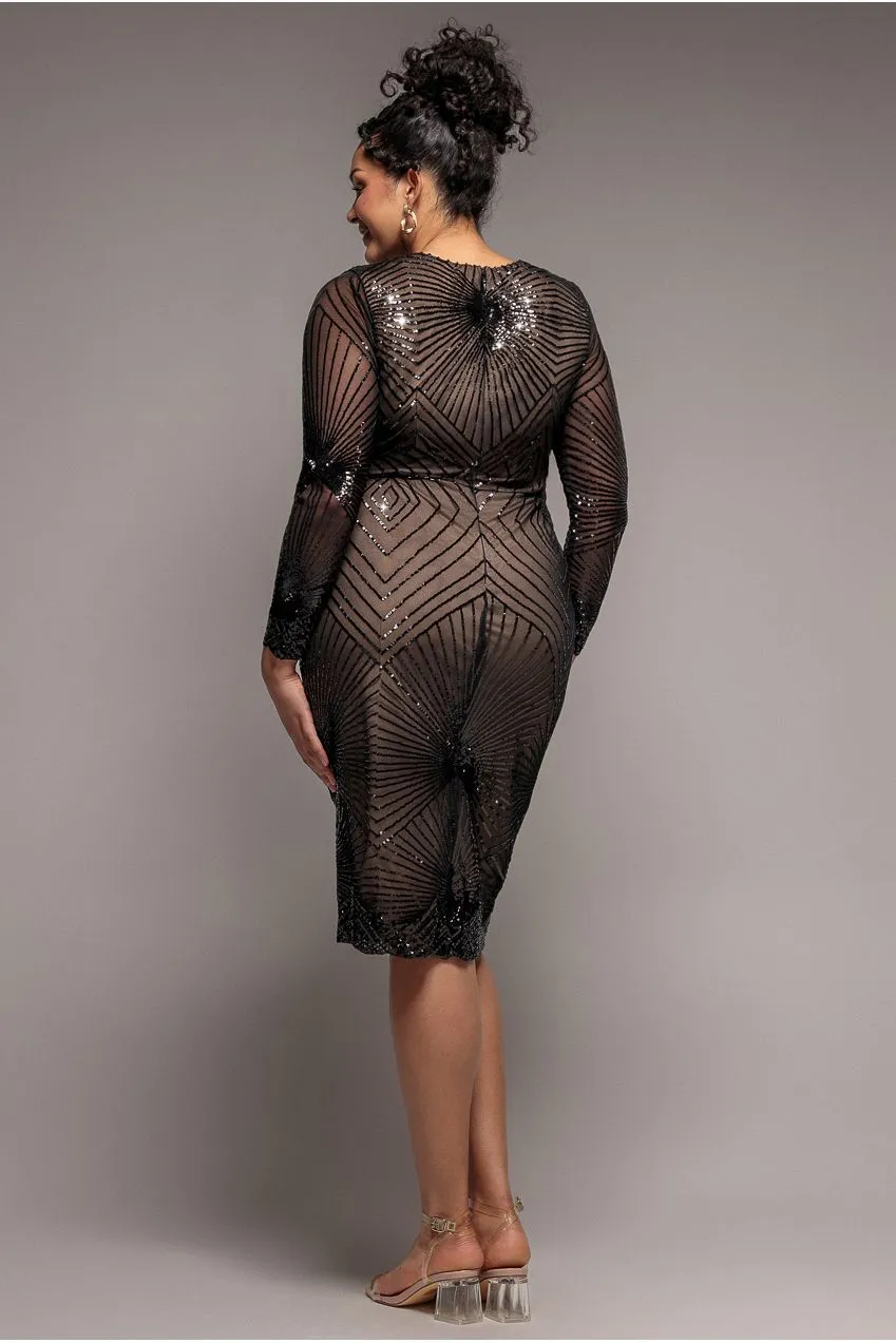 Goddiva Plus Starburst DR2617 abito midi nero paillettes curvy