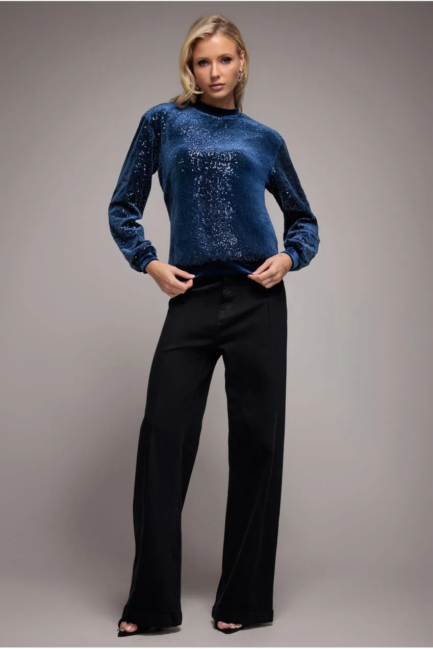 Goddiva Sequin Velvet maglione paillettes velluto navy