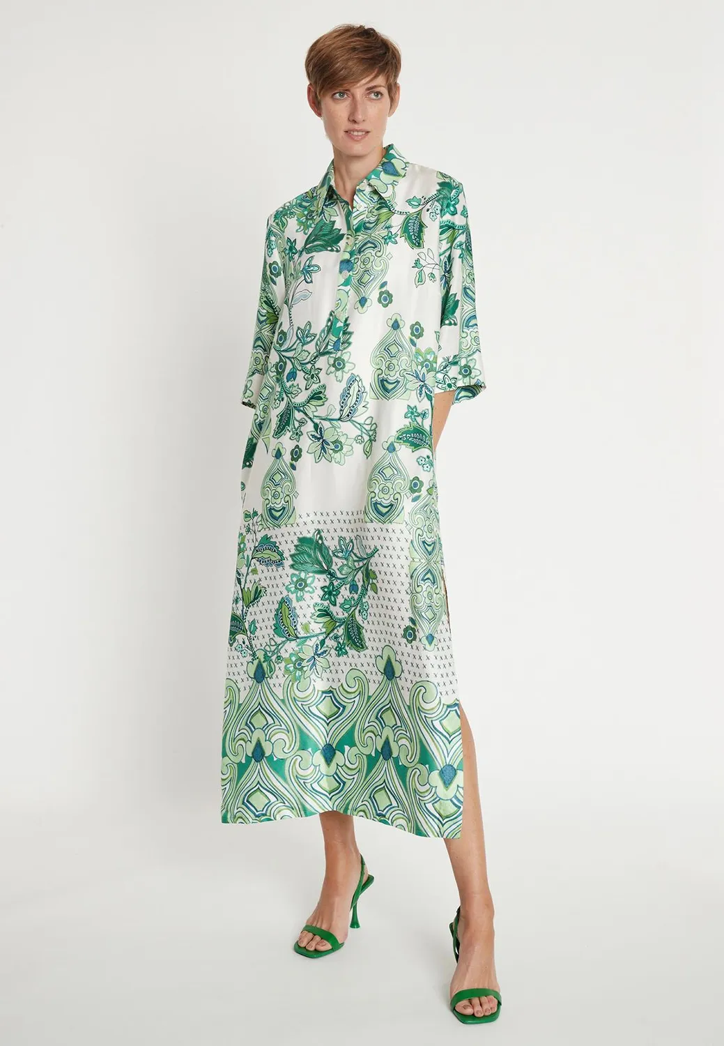 Ana Alcazar Lasara abito midi verde foglie chemisier